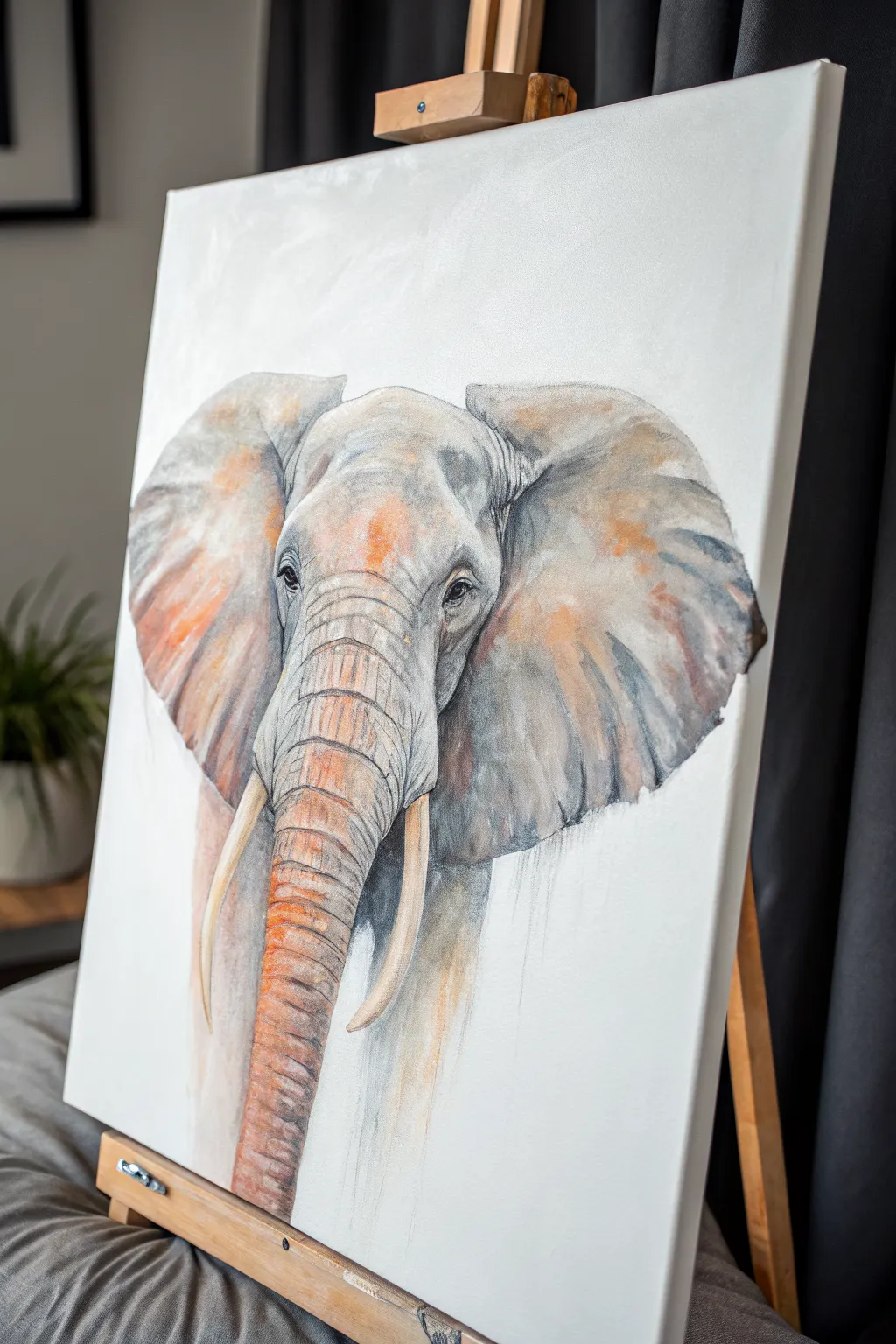 Soft gray elephant portrait with peachy sunlit highlights, minimalist acrylic inspiration.