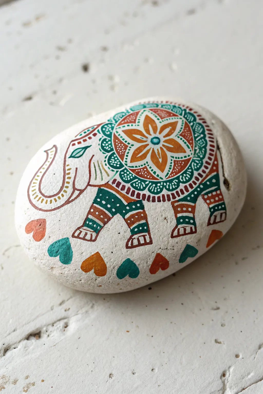 Mandala elephant rock: bright layered dots and petals on a minimalist neutral backdrop