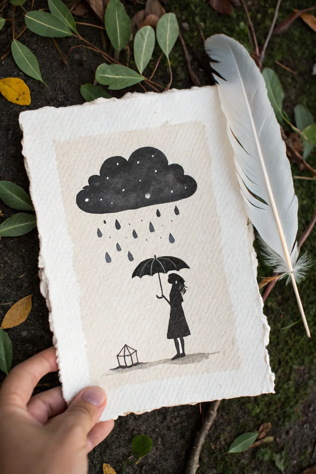 Minimalist painting of burden and hope: a dark cloud below, light objects floating above.