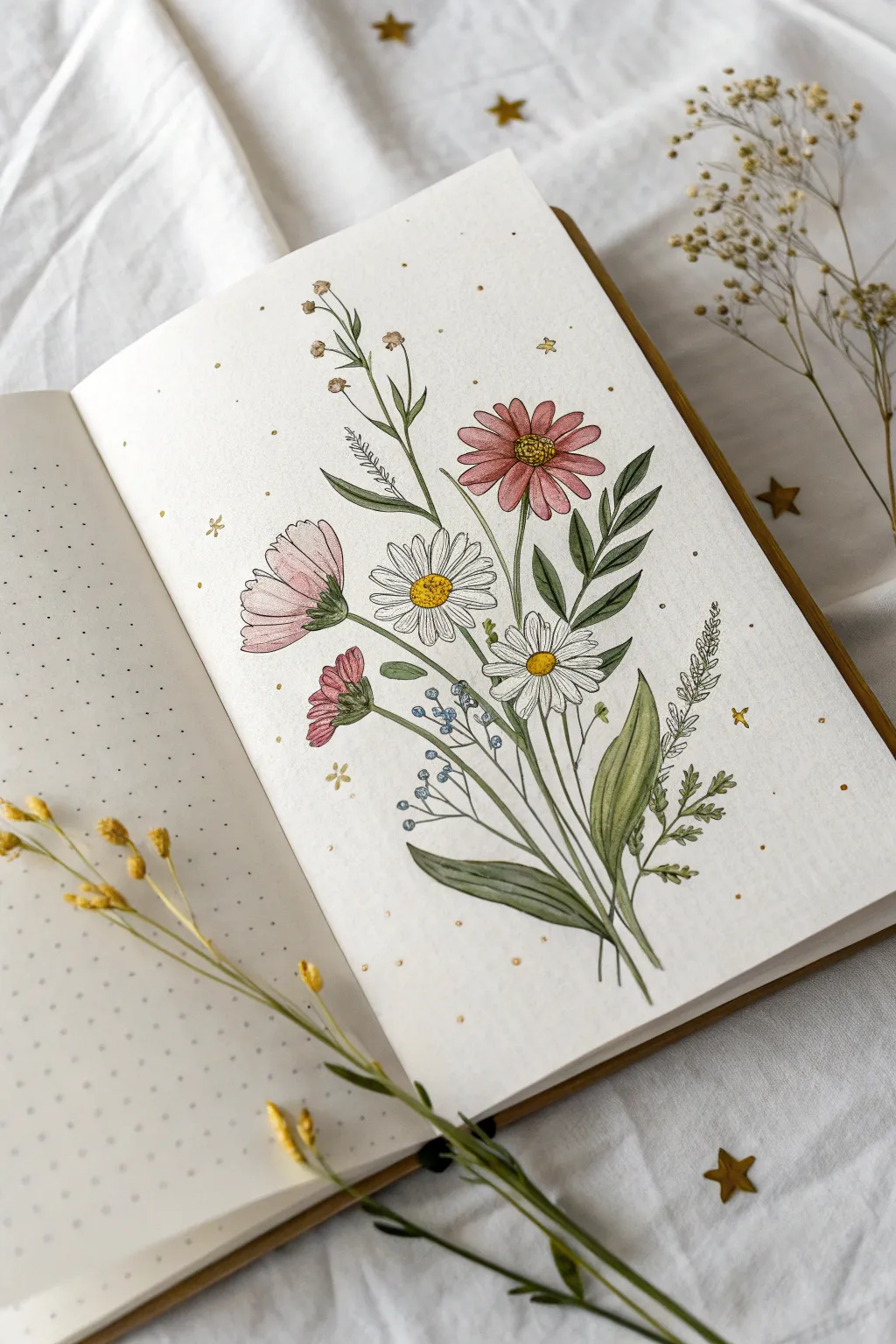 Enchanted wildflowers with whisper-soft faces, minimalist lines and tiny sparkles.