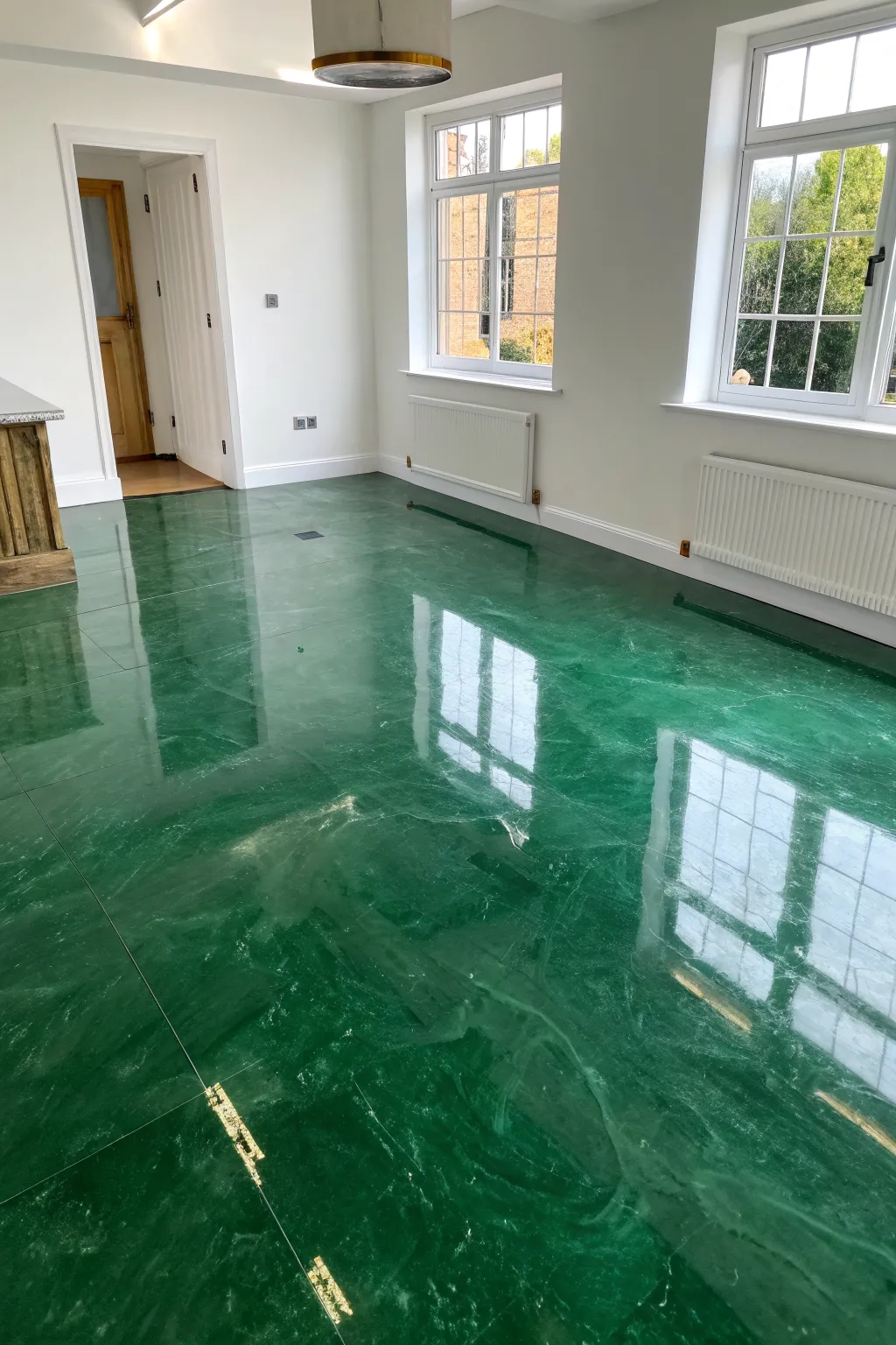 Emerald epoxy floor makes a bold, glossy color statement in a clean Scandinavian space
