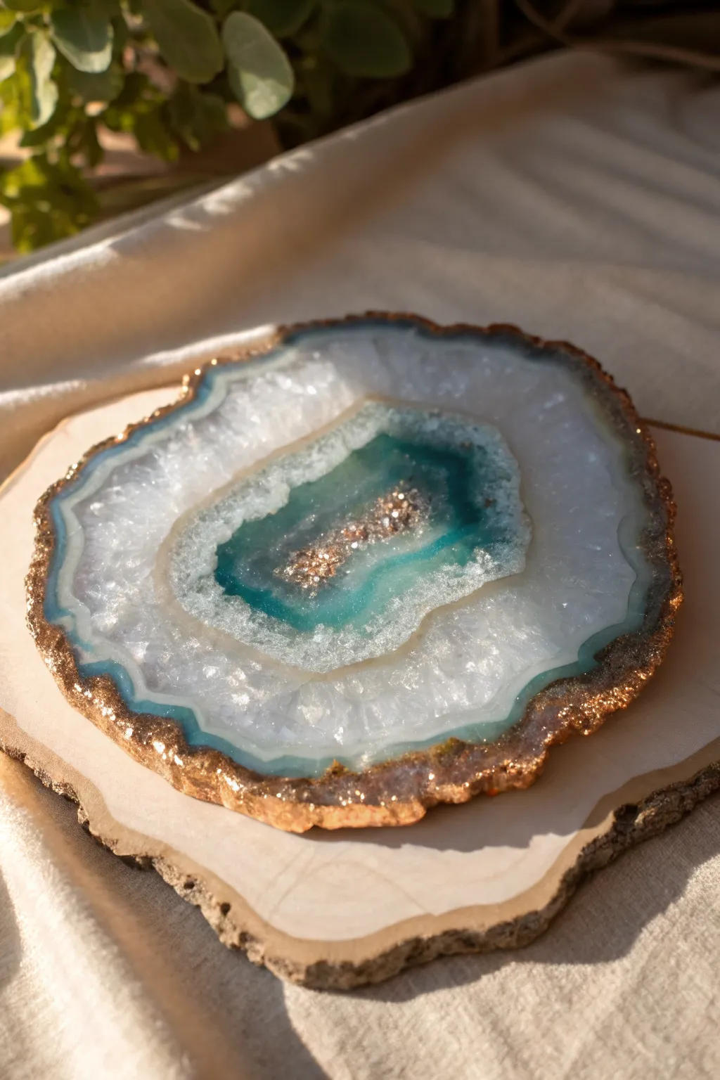 Geode-inspired resin slice with metallic edges and crystal cells, a dreamy epoxy project idea