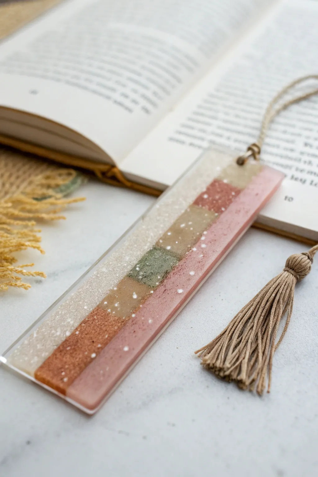 Layered epoxy resin bookmark with a soft tassel, minimalist studio styling and cozy boho tones.