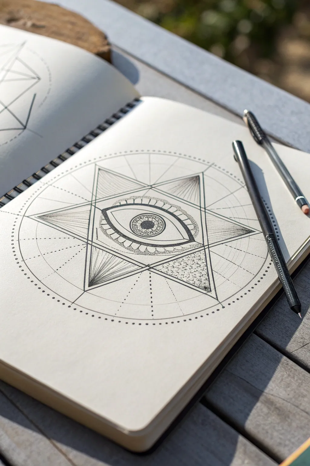 Geometric evil eye built from triangles and lines, minimalist sacred-geometry style with crisp contrast.