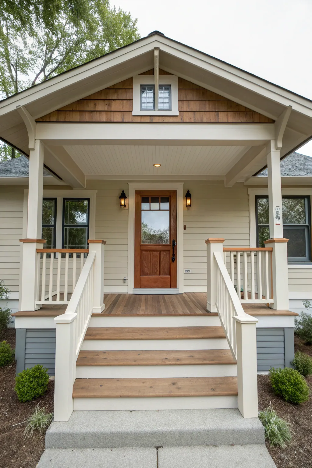 Bungalow porch three-color palette: serene siding, crisp trim, and a cozy accent that pops.