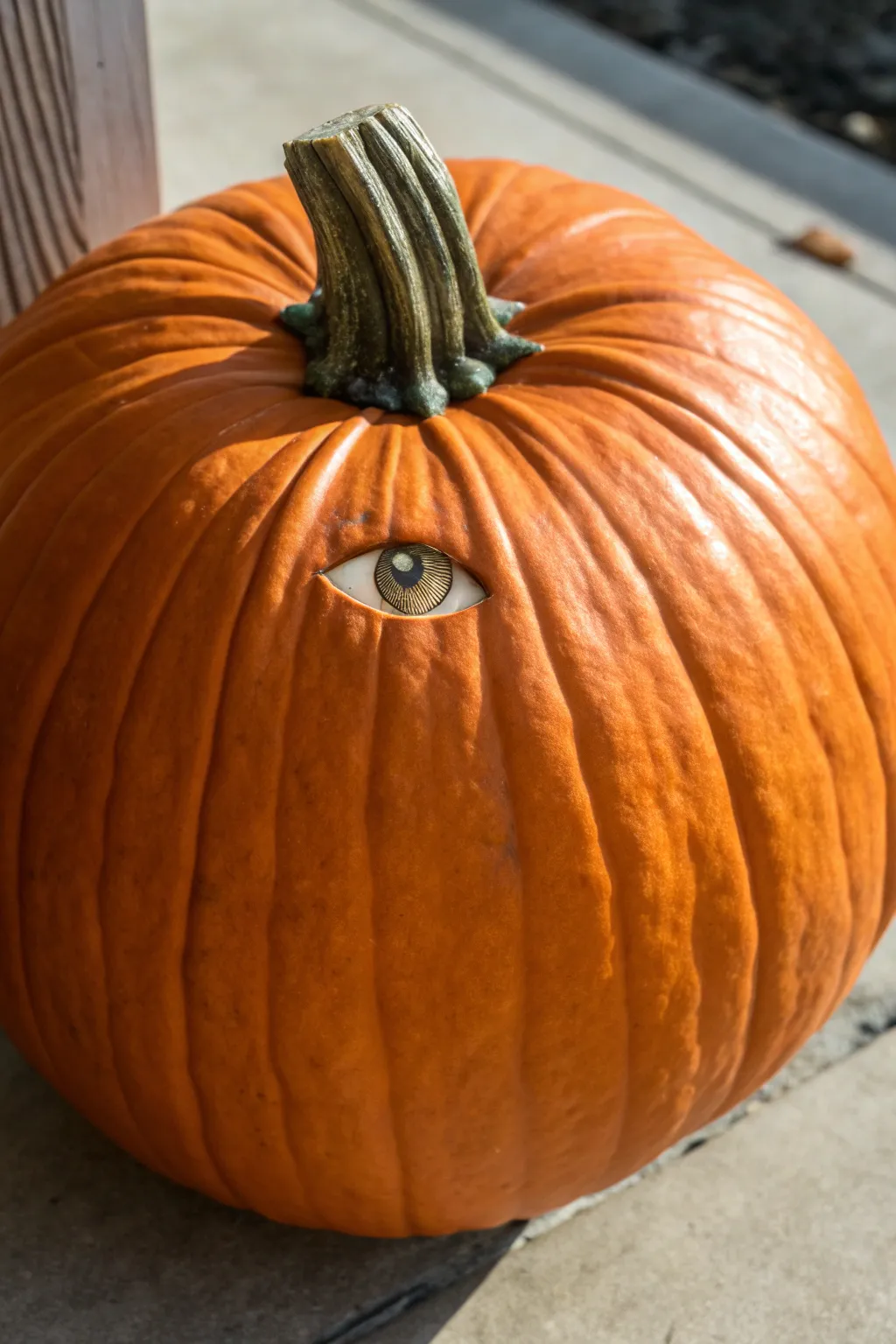 Minimalist pumpkin with carved eyelid groove and a hand-painted eyeball, crisp shadow depth