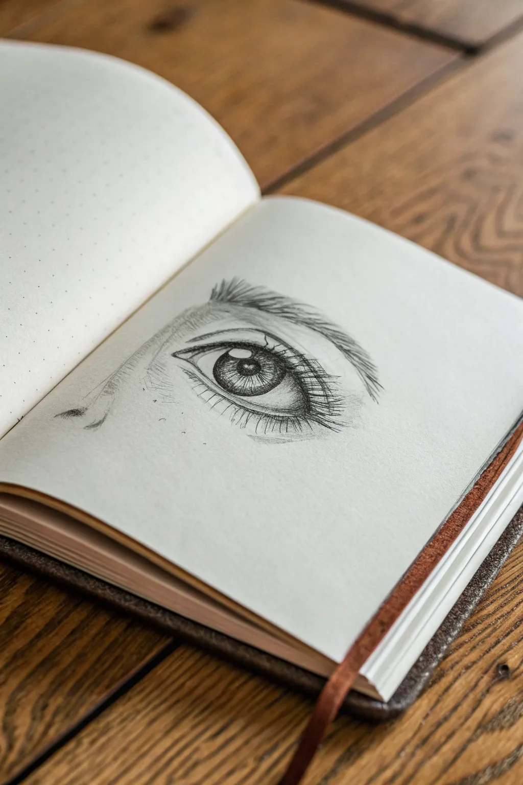 Three-quarter view eye practice with a foreshortened corner, elliptical iris, and subtle guideline