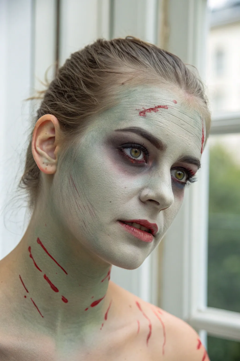 Easy zombie hollow cheeks in minimalist gray green tones with soft scratches, perfect for Halloween.