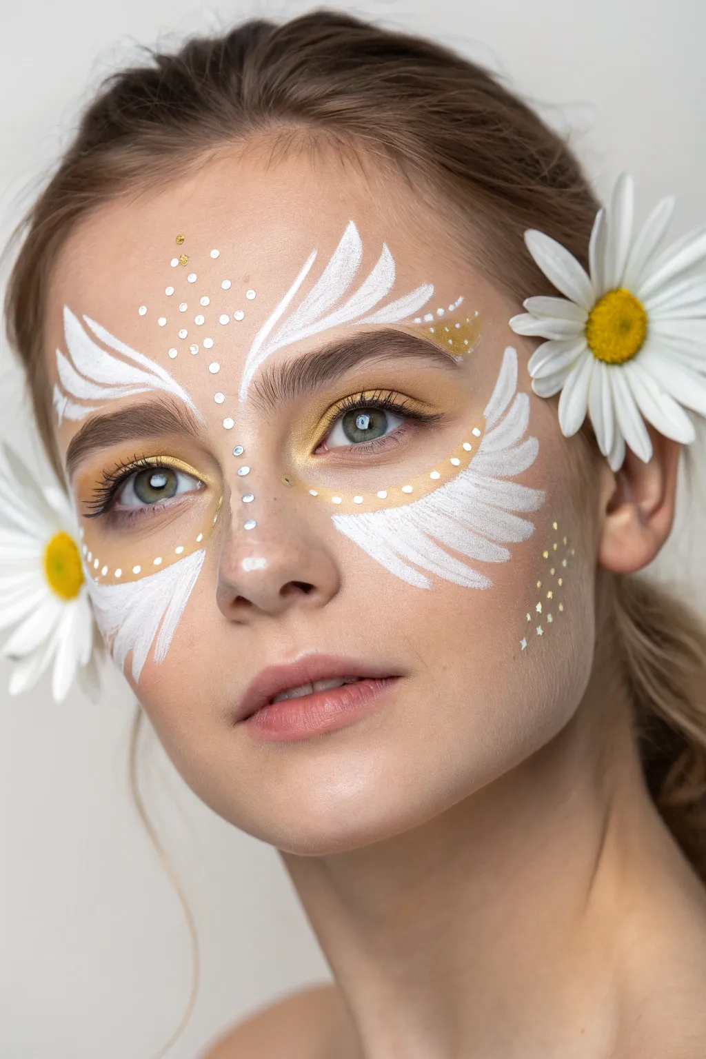 Daisy cheek fairy look: minimalist winged mask with bold daisies and dotted glitter trails