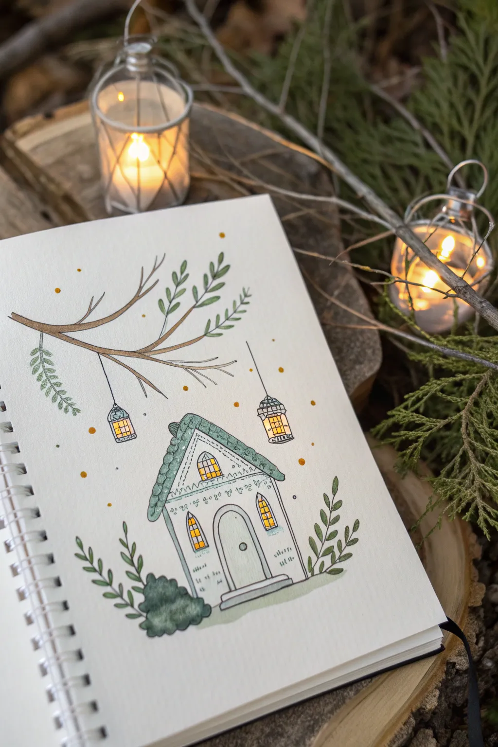 Minimal fairy house drawing with hanging lanterns and fireflies, warm glow on crisp paper