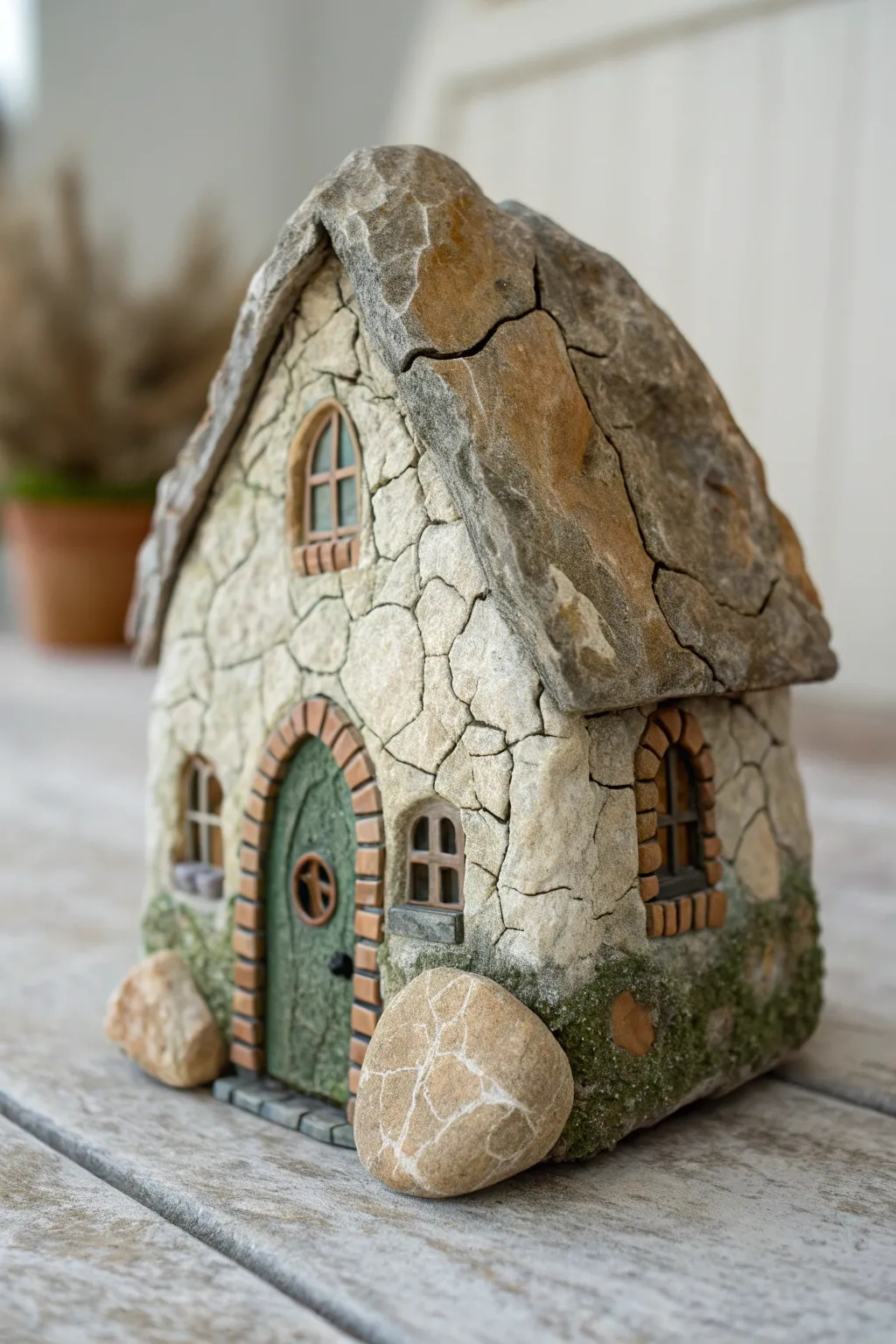 Cracked stone fairy house with earthy washes and paint settling into every texture.