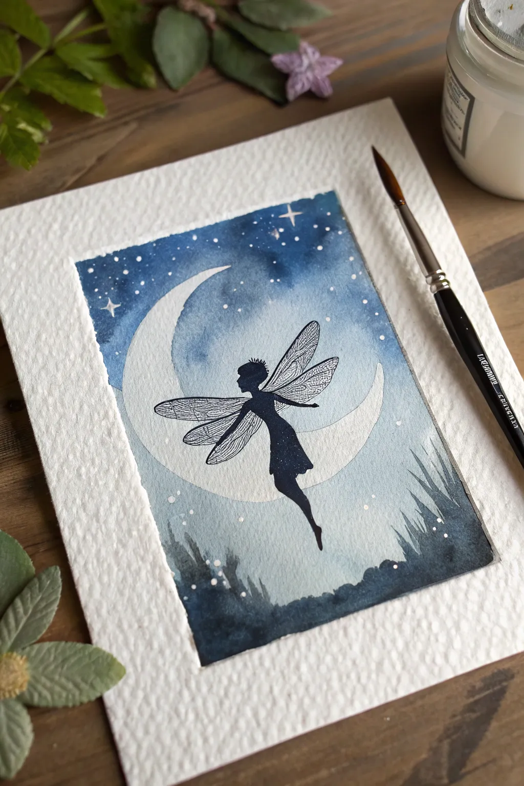 Minimalist fairy silhouette drifting through a splatter-star sky with striking contrast and calm vibes.
