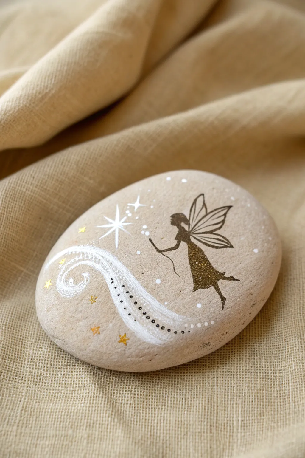 Minimal fairy rock with a wand and a shimmering pixie dust swirl trail in soft boho tones