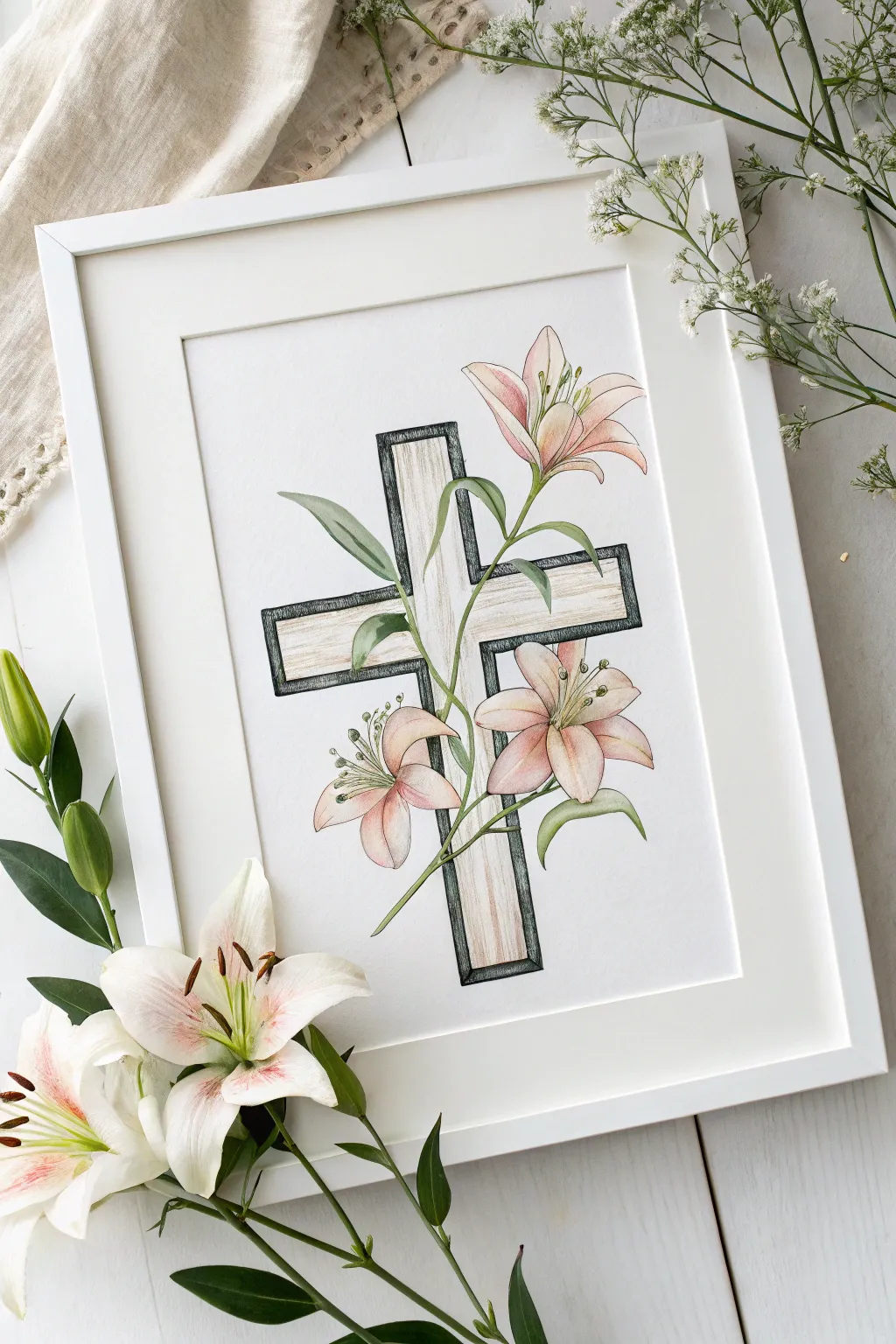 Draw a serene floral cross with lilies and soft washes for a gentle faith-inspired sketch.