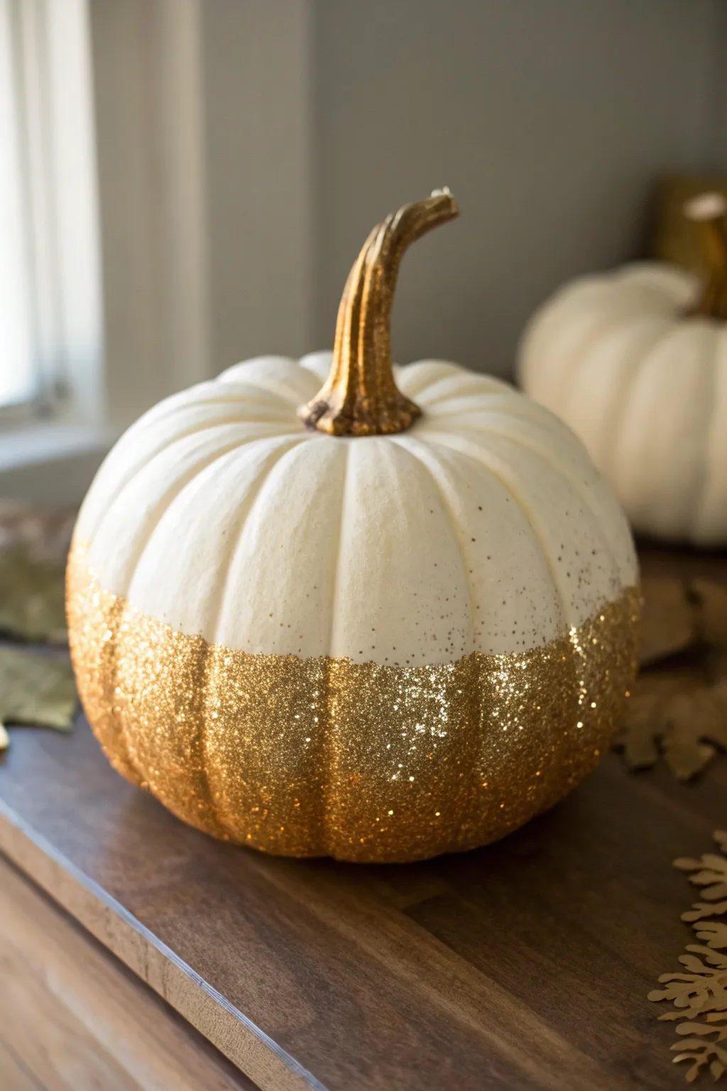 Glitter ombre faux pumpkin: matte top to sparkling base for an elegant minimalist fall accent.
