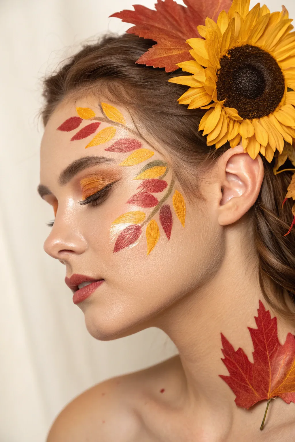 Bold sunflower at the temple with cascading fall leaves for a warm, harvest side-sweep look.