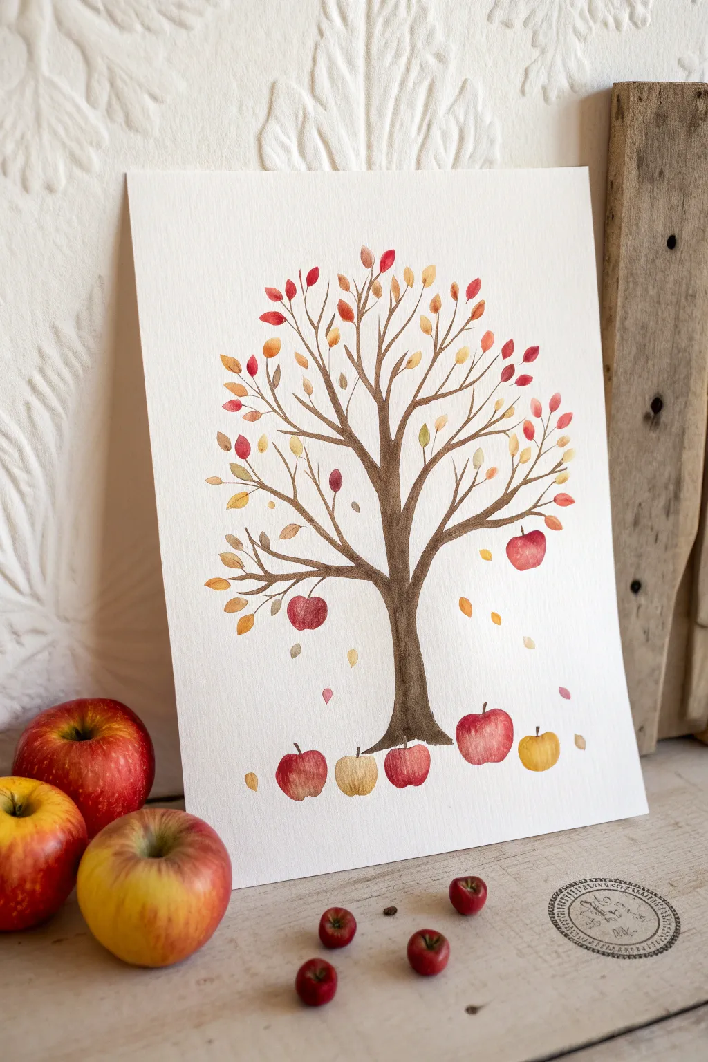 Minimal fall orchard: fingerprint apples on a branching tree, simple, cozy, and easy to paint