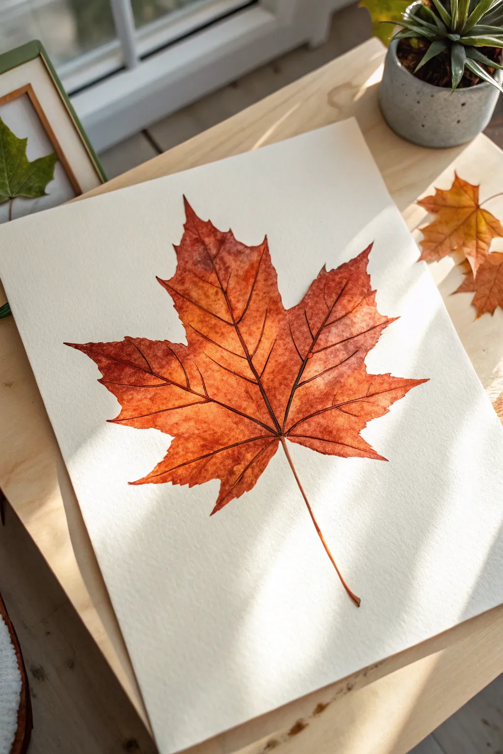 Paint night inspiration: bold watercolor maple leaf close-up with delicate veins and a soft wash.