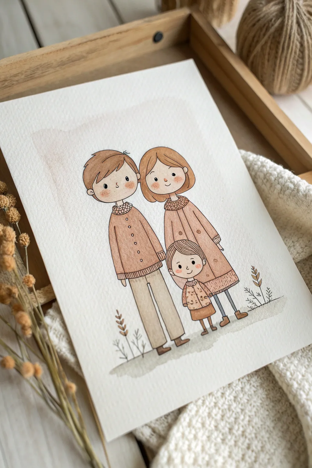 Cute chibi family in matching outfits, minimalist boho palette and clean lines, easy to recreate