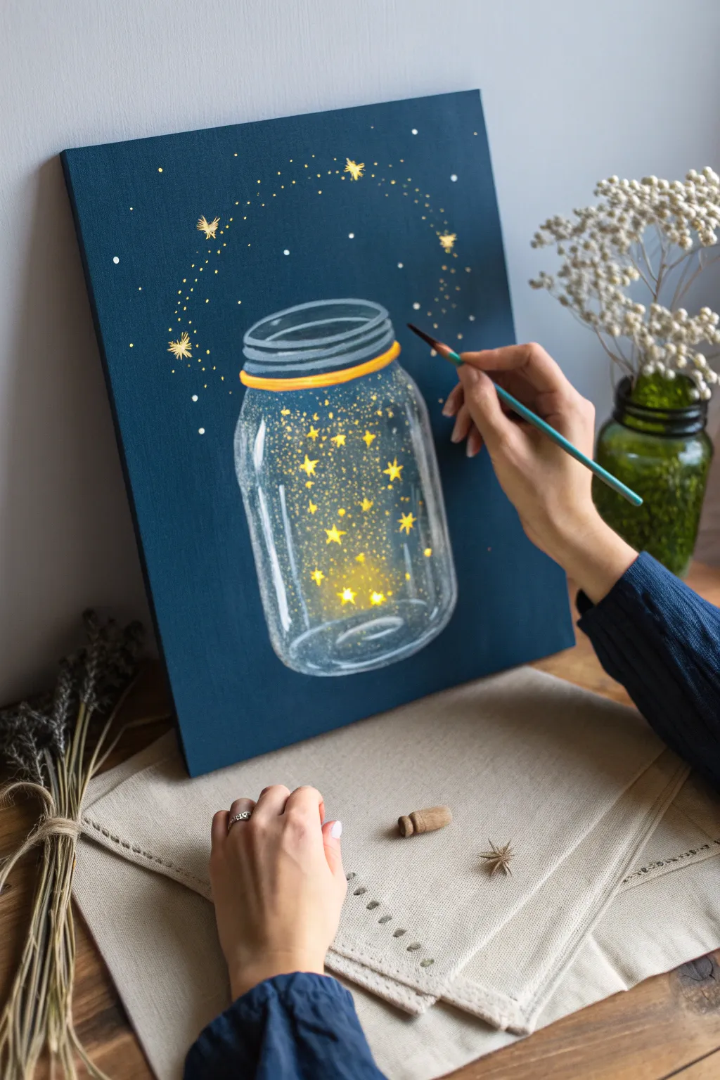 Paint a glowing firefly jar together for a magical family night with bold, high-contrast colors.