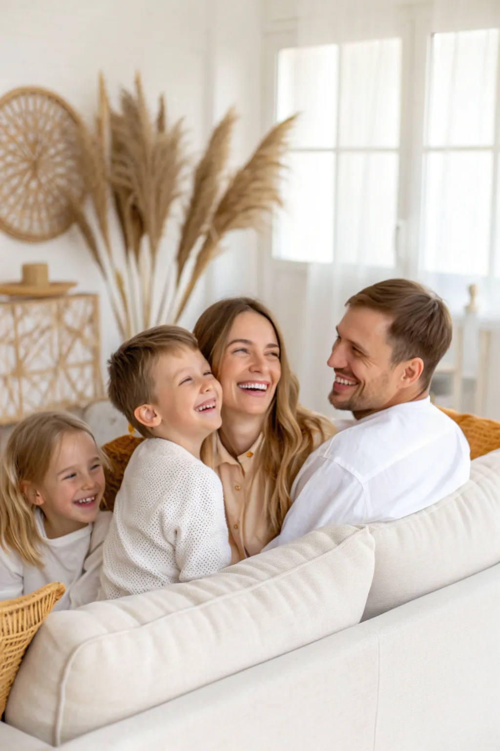 Candid family portrait idea: everyone looks at each other, capturing warmth without forced smiles.