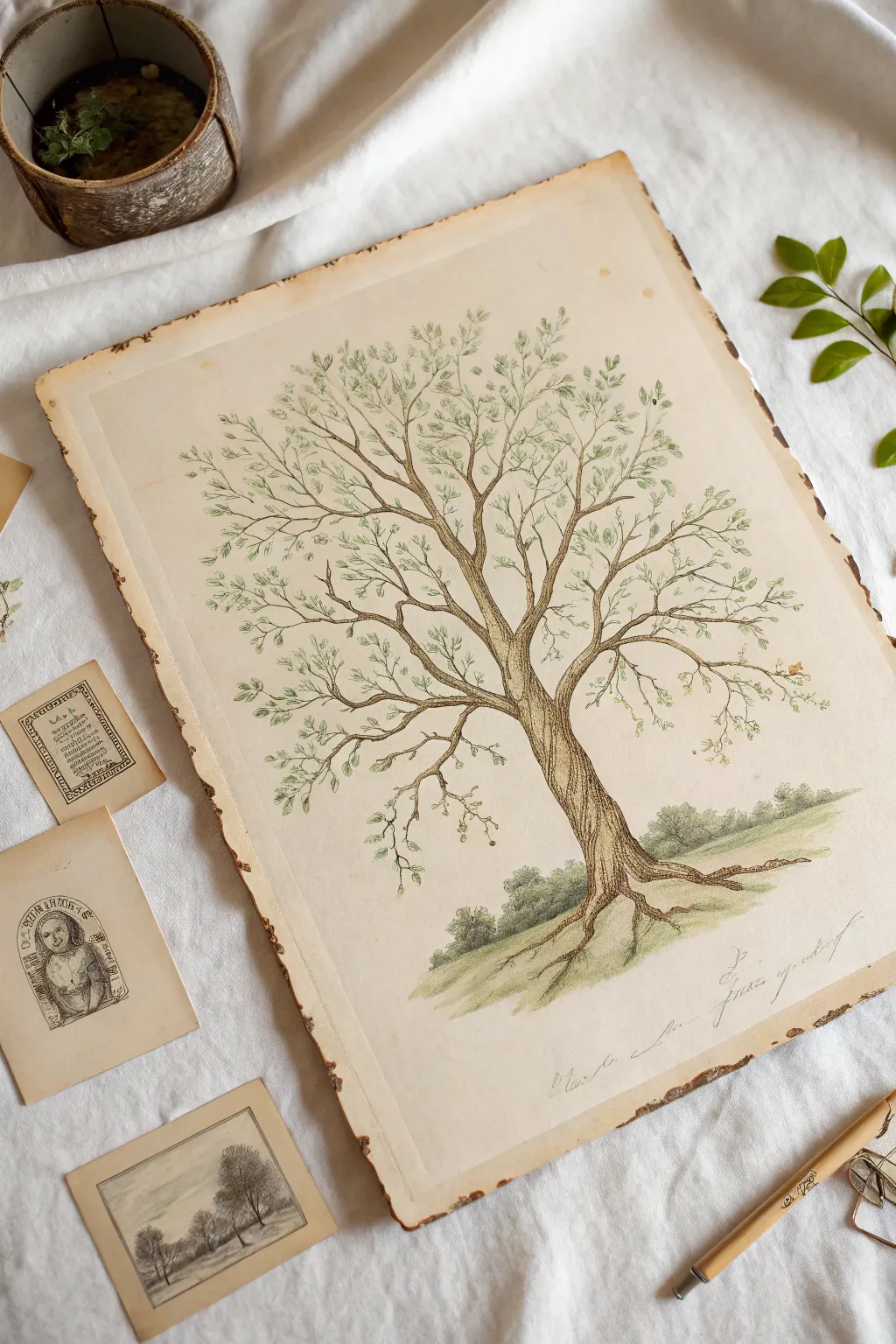 Vintage botanical family tree sketch on aged paper with delicate branches and blank labels