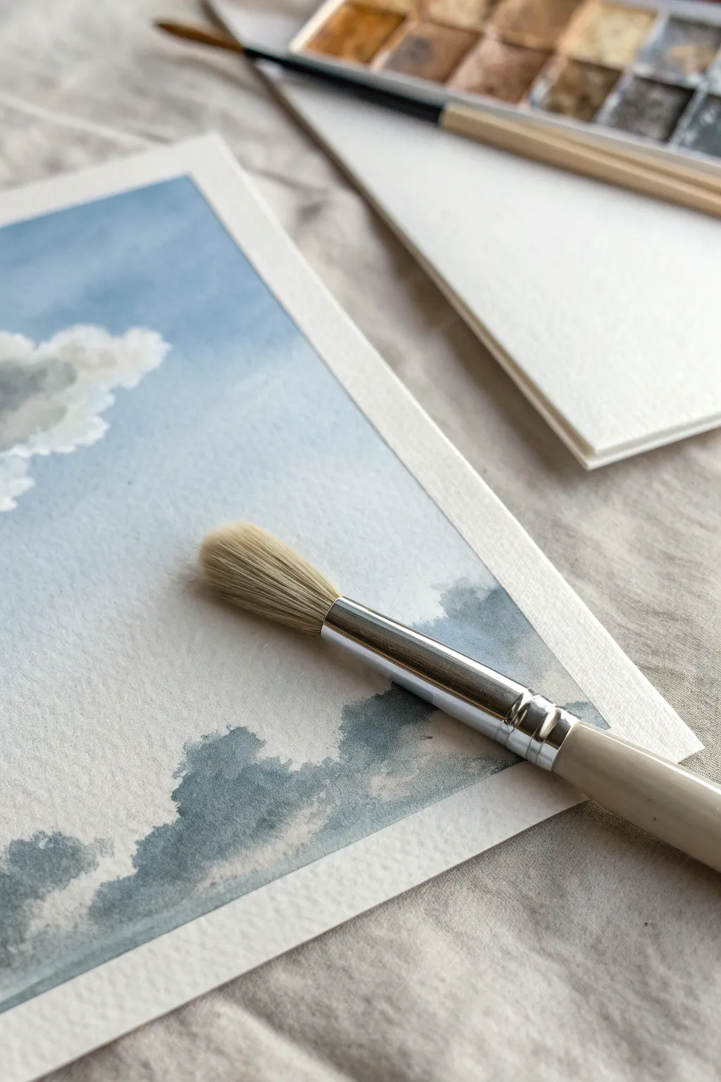 Feather cloud edges with a fan brush: one crisp line, one dreamy haze in one sky study.