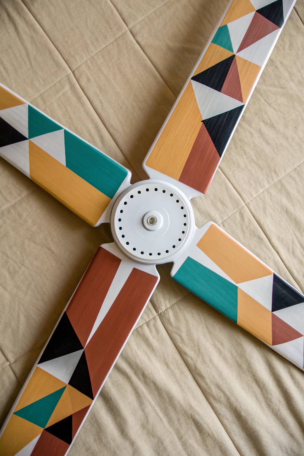 Modern fan blade makeover with bold geometric blocks and a calm Scandinavian palette