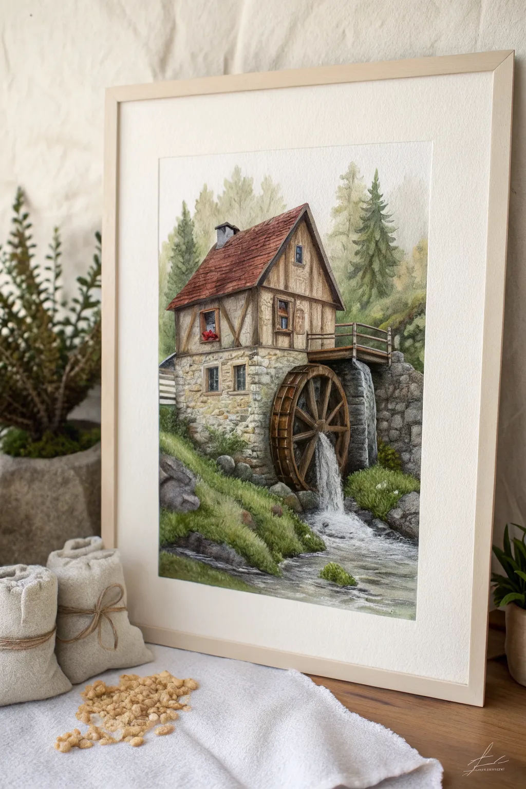 Watermill house concept art with an oversized wheel, mossy stone, splashing water, and calm boho tones