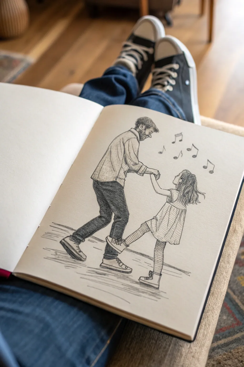 Gentle line sketch of a dad and daughter dancing, capturing sway and cozy living-room joy.