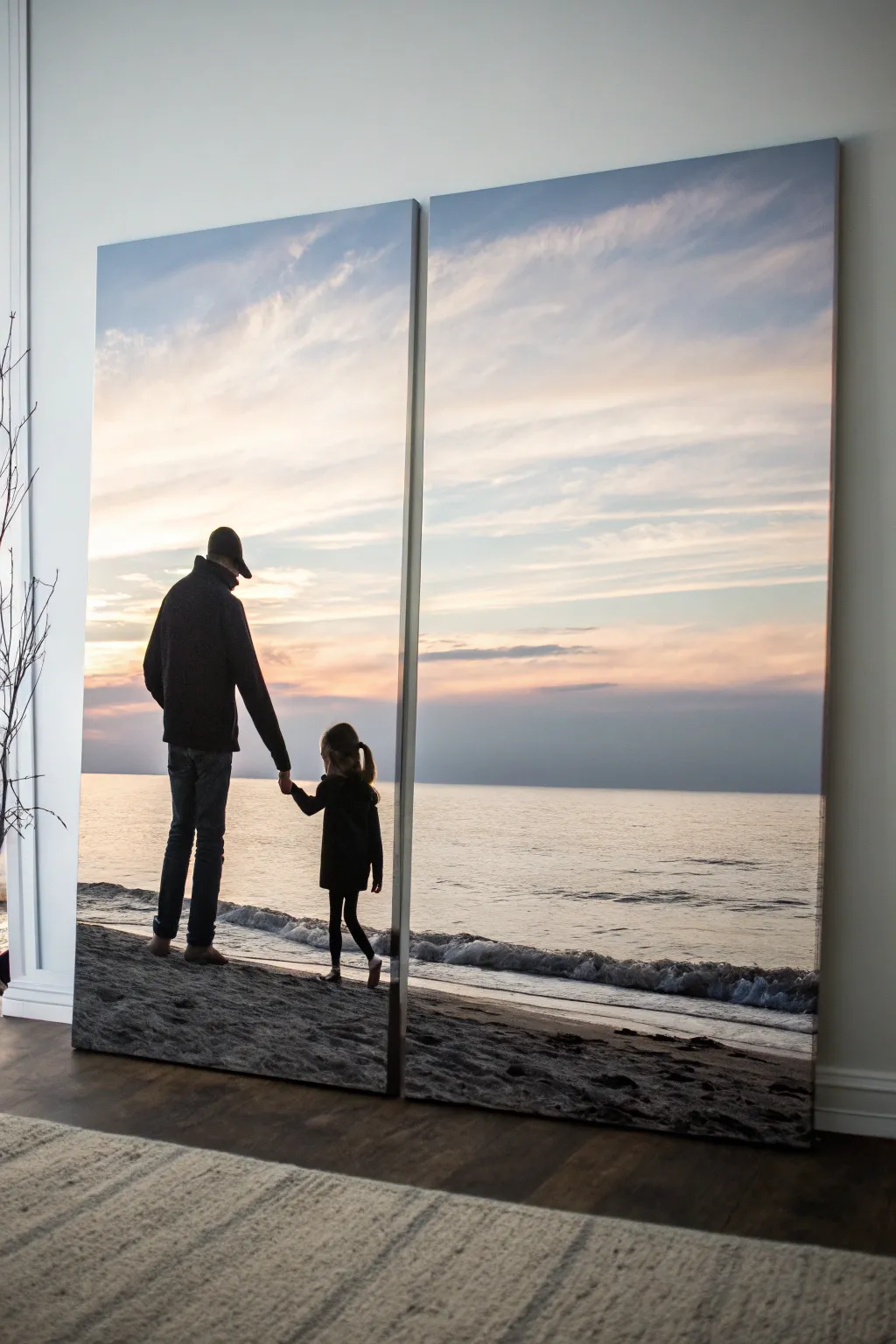A split-canvas sunset scene where dad and daughter paint their halves into one horizon.