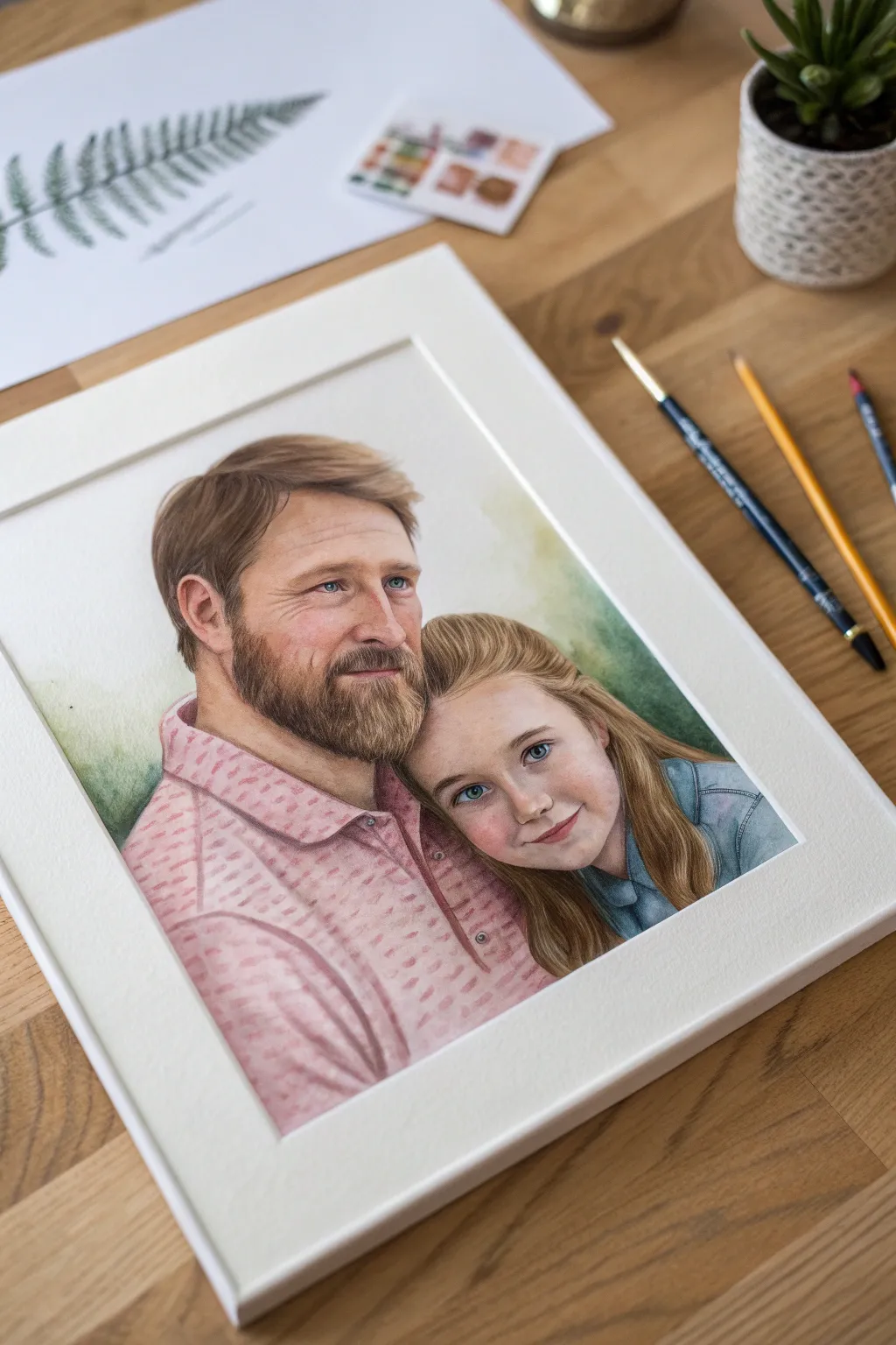 A soft, beginner-friendly painted portrait of dad and daughter in warm tones with a calm blurred background