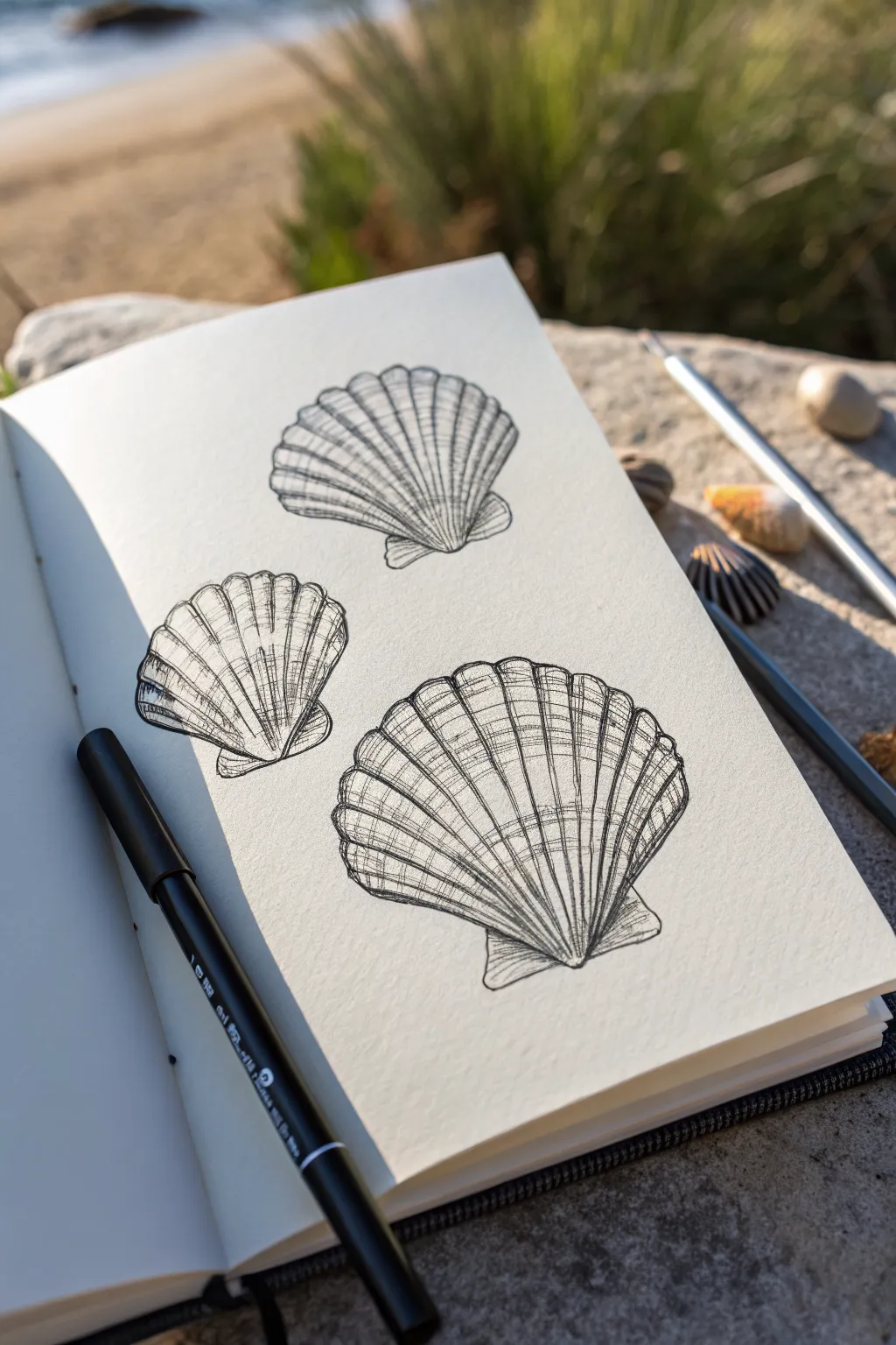Fine line seashell study with delicate contours and soft hatching, calm minimalist mood.