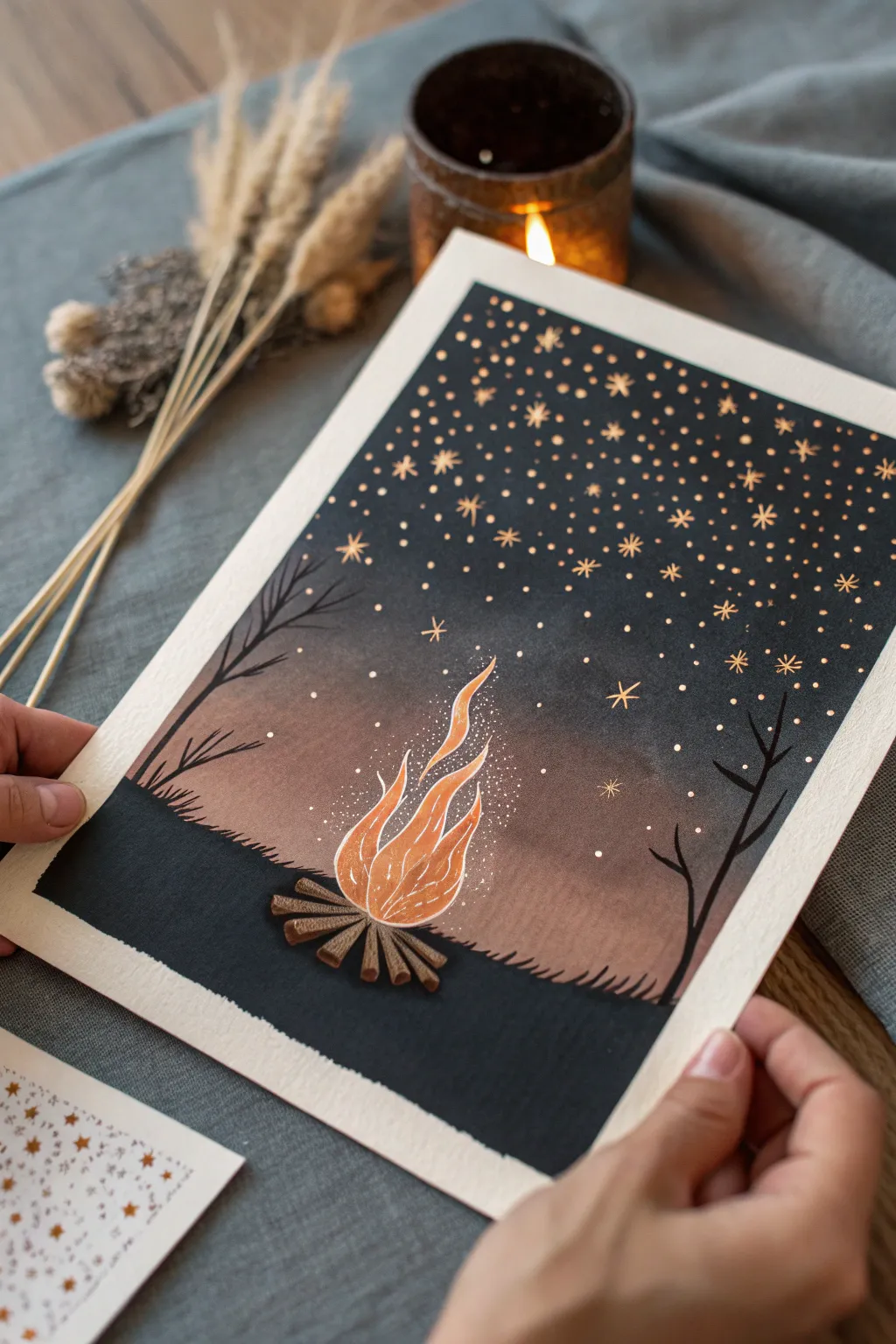 Sparks rise from a quiet flame, perfect for minimalist fire drawing inspiration.