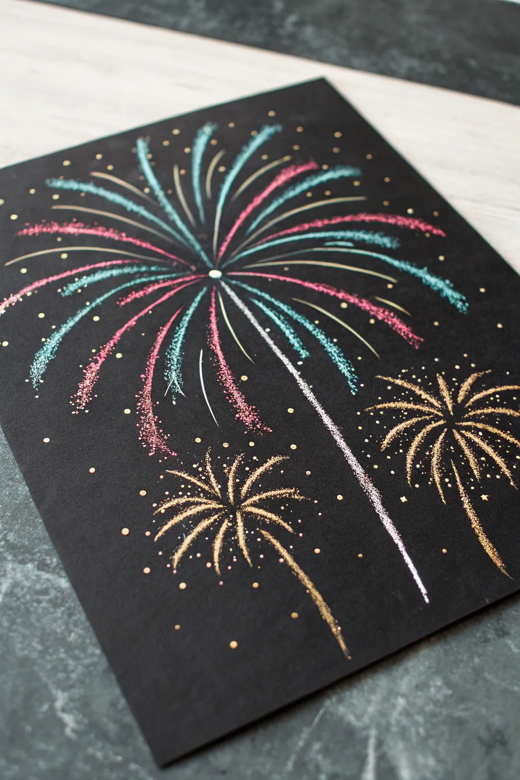 Salt resist fireworks on black card, sparkling with watercolor bleed and crunchy crystal texture.
