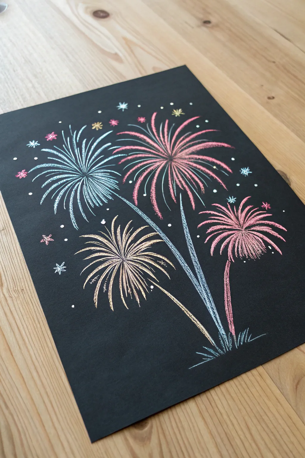 Soft pastel fireworks on black paper with dreamy glowing halos and bright spark dots for contrast