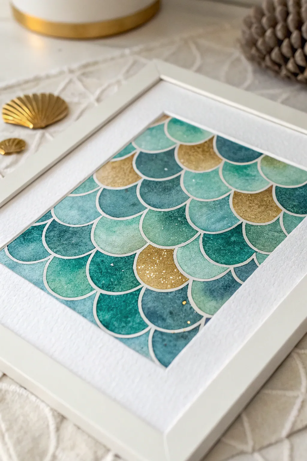 Stippled teal-to-gold fish scales with crisp highlights for an iridescent painting study.