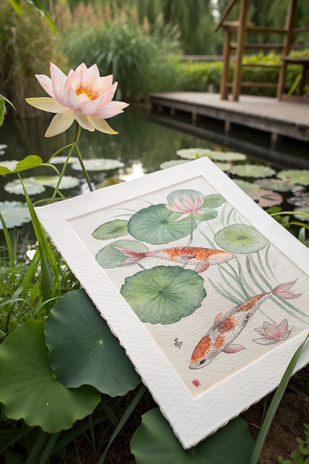 Calm koi and lily pads watercolor composition with one lotus bloom for a serene focal point