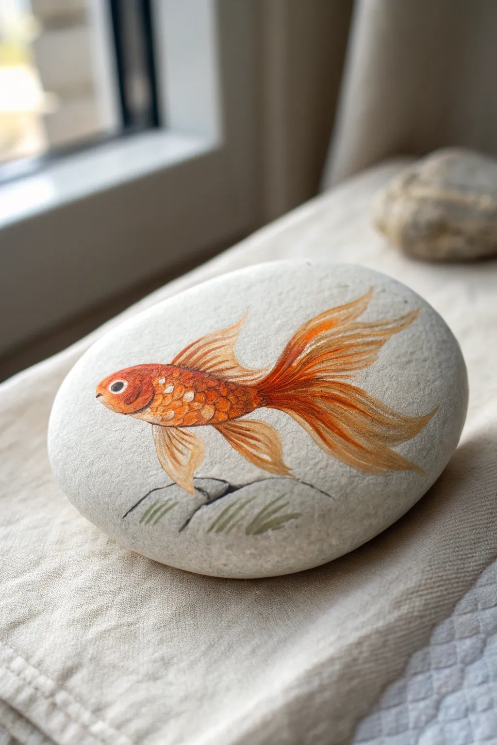 Realistic goldfish rock painting with soft shading and a graceful tail, minimalist boho vibe.