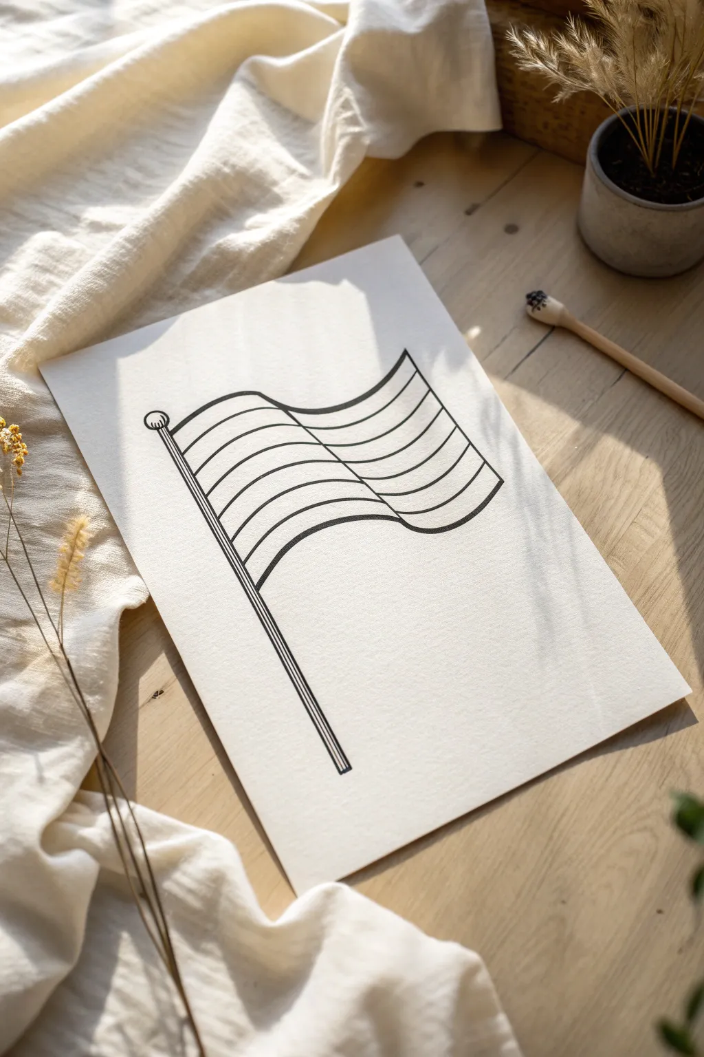 Clean bold line art flag with gentle ripples and open spaces, perfect for easy coloring.