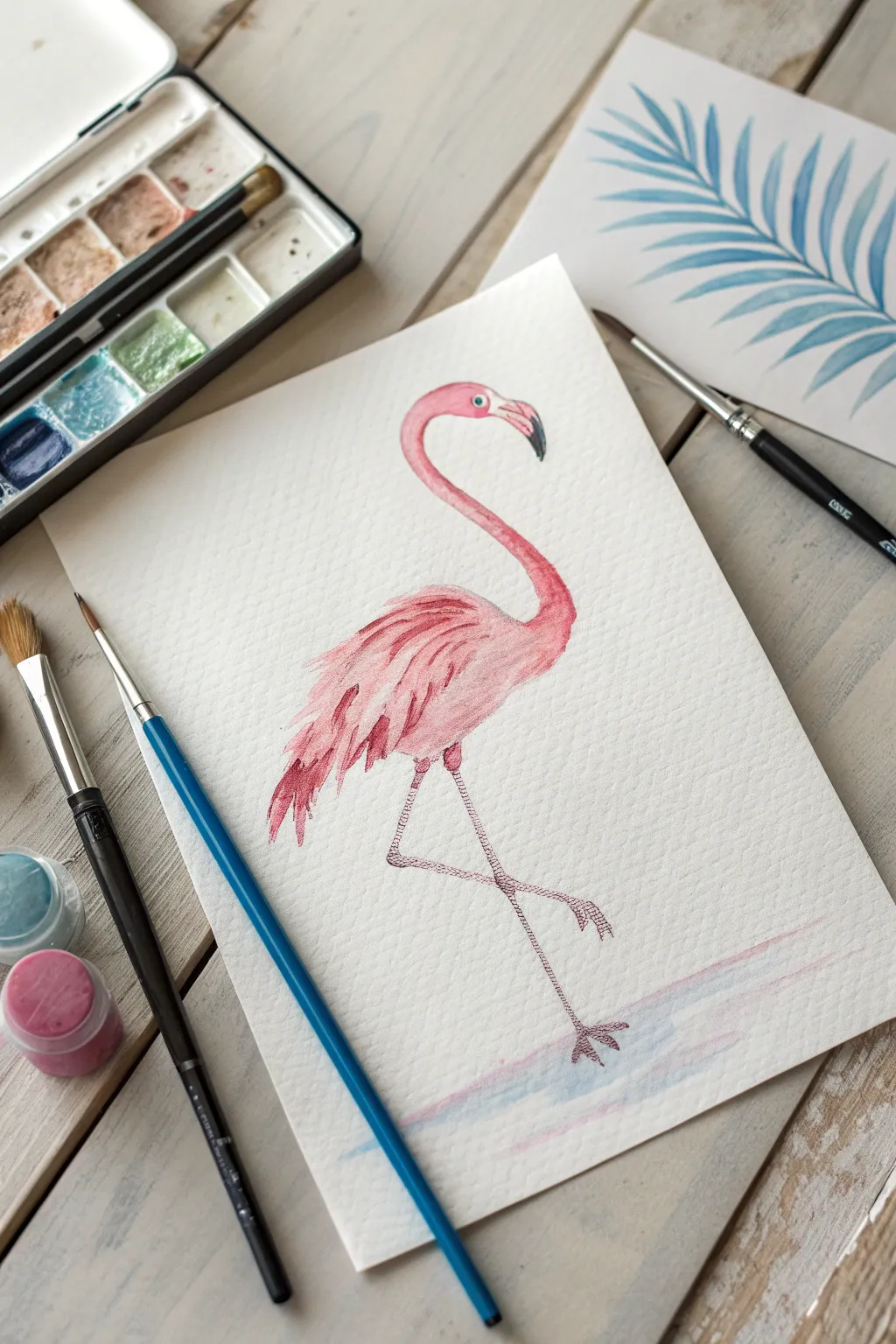 Minimal flamingo line-and-wash: crisp ink outline, loose pink washes, and airy white space