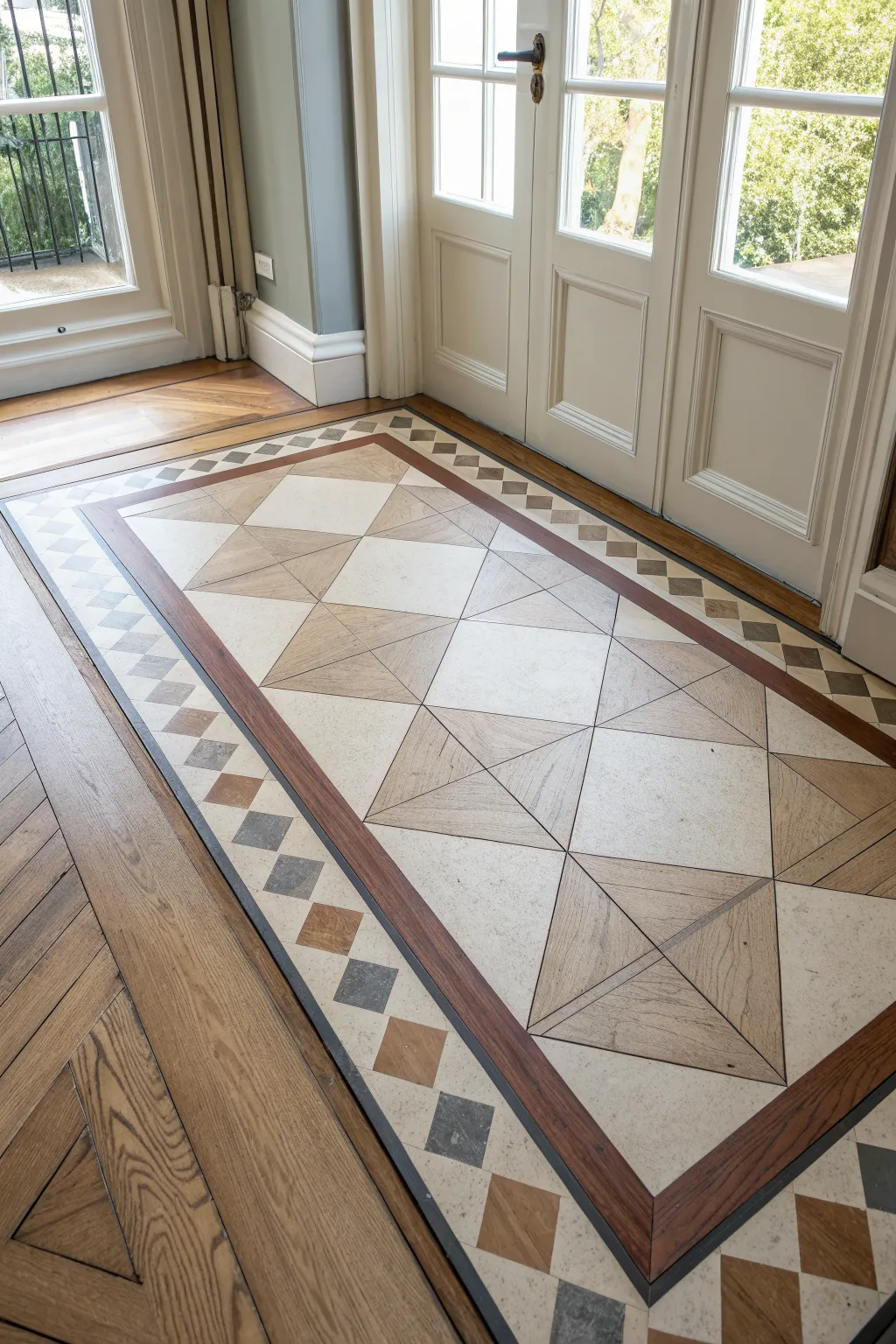 A two-tone painted floor border that frames the room and defines a cozy minimalist seating zone