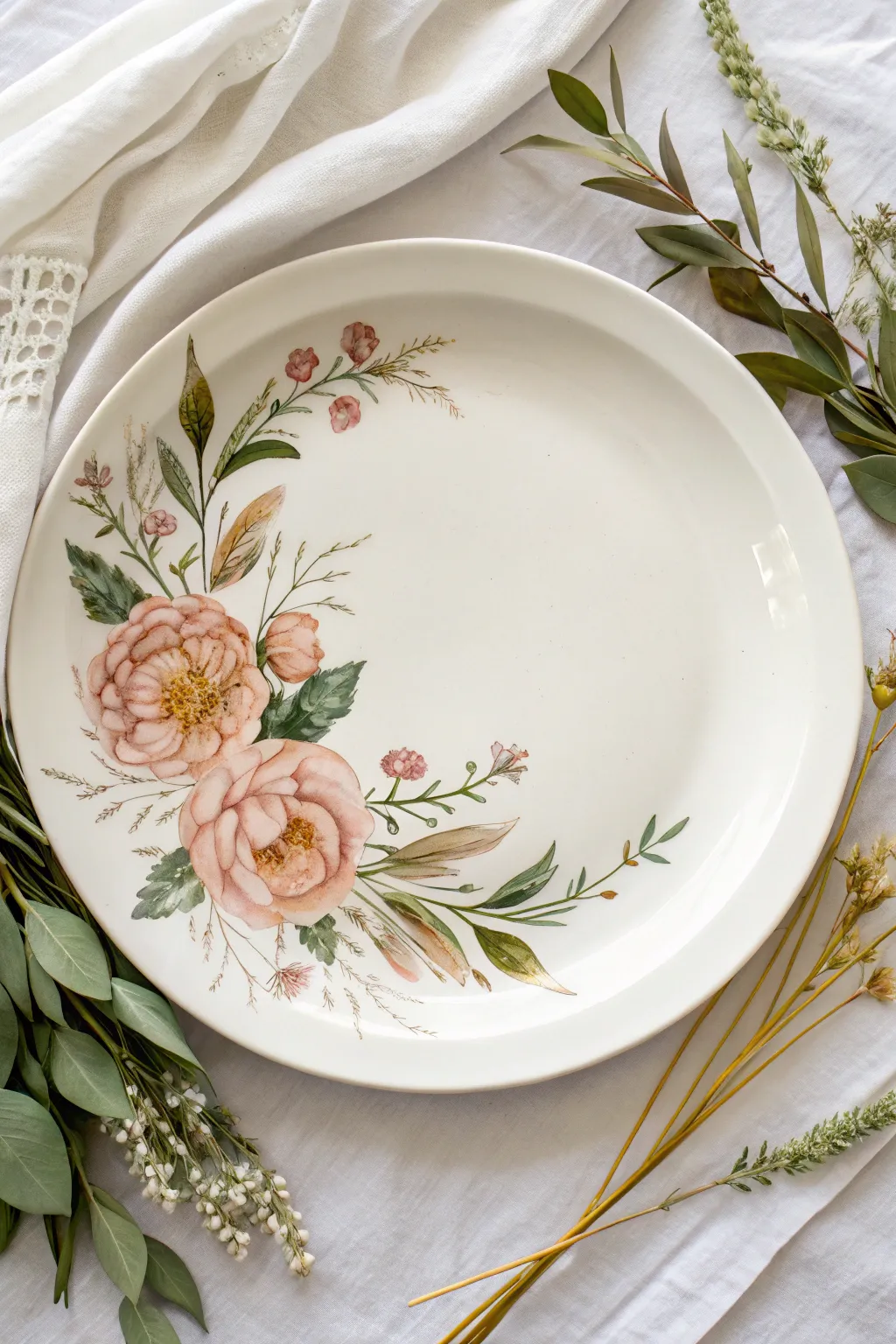 Half-wreath bouquet plate design with blush blooms and airy greenery for a minimalist boho look