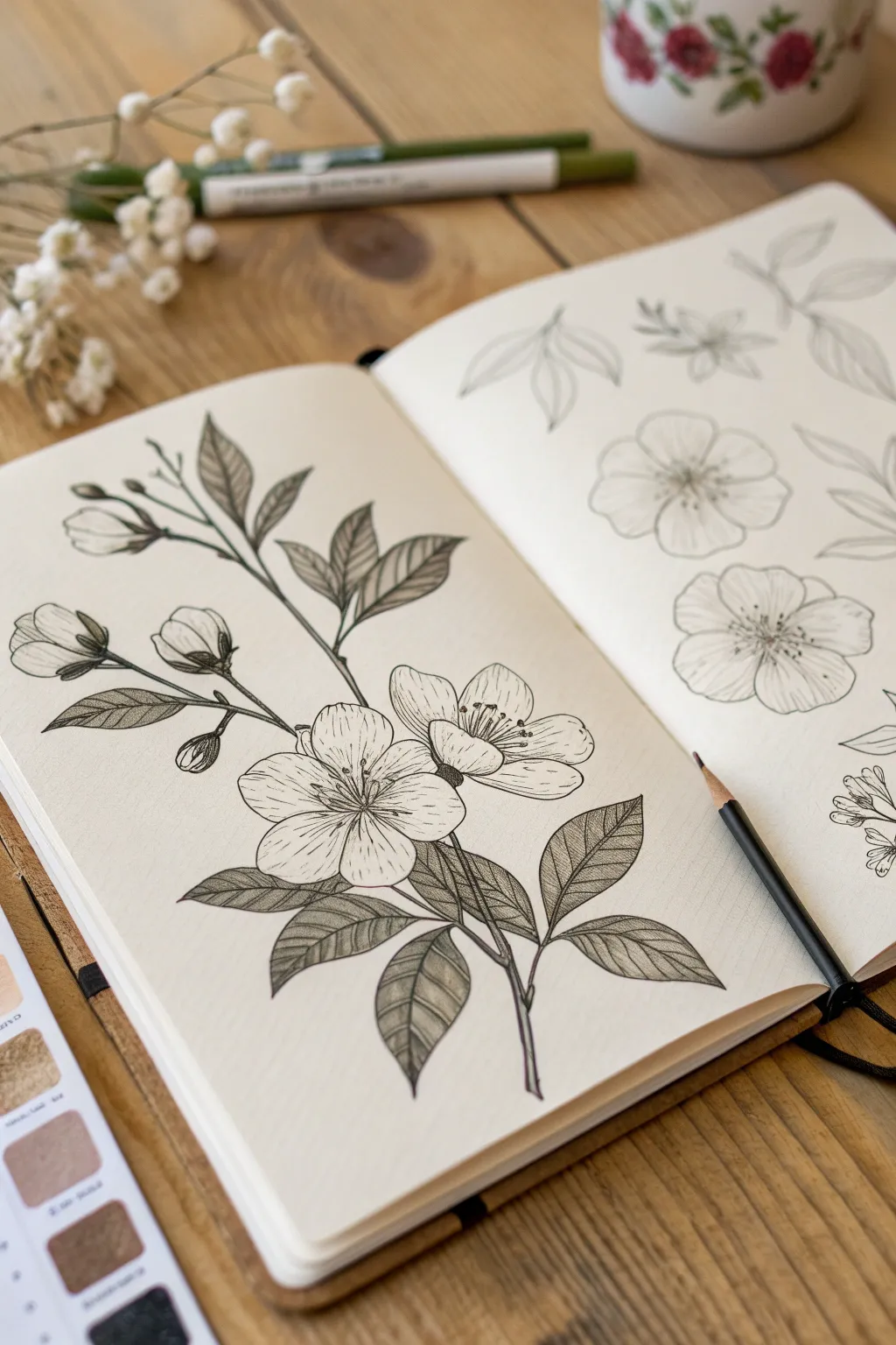 Monochrome ink and wash floral studies in a clean sketchbook spread, minimal and craft-forward.