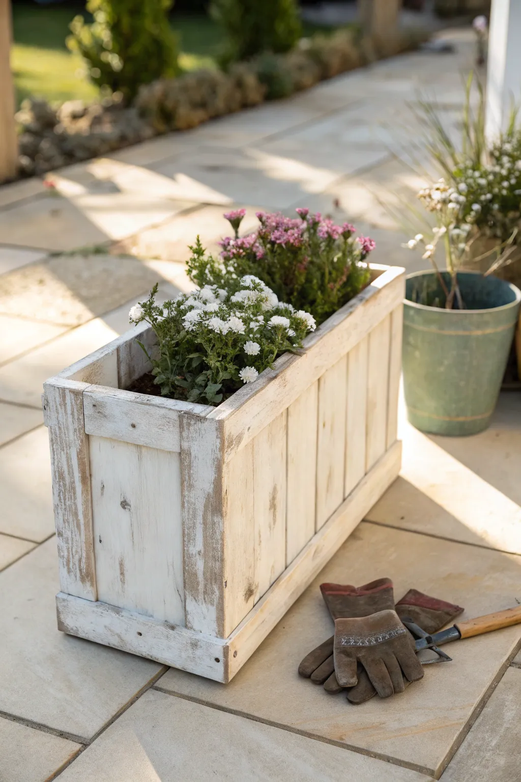 Soft farmhouse flower box with gently distressed paint, a simple DIY focal point for patios