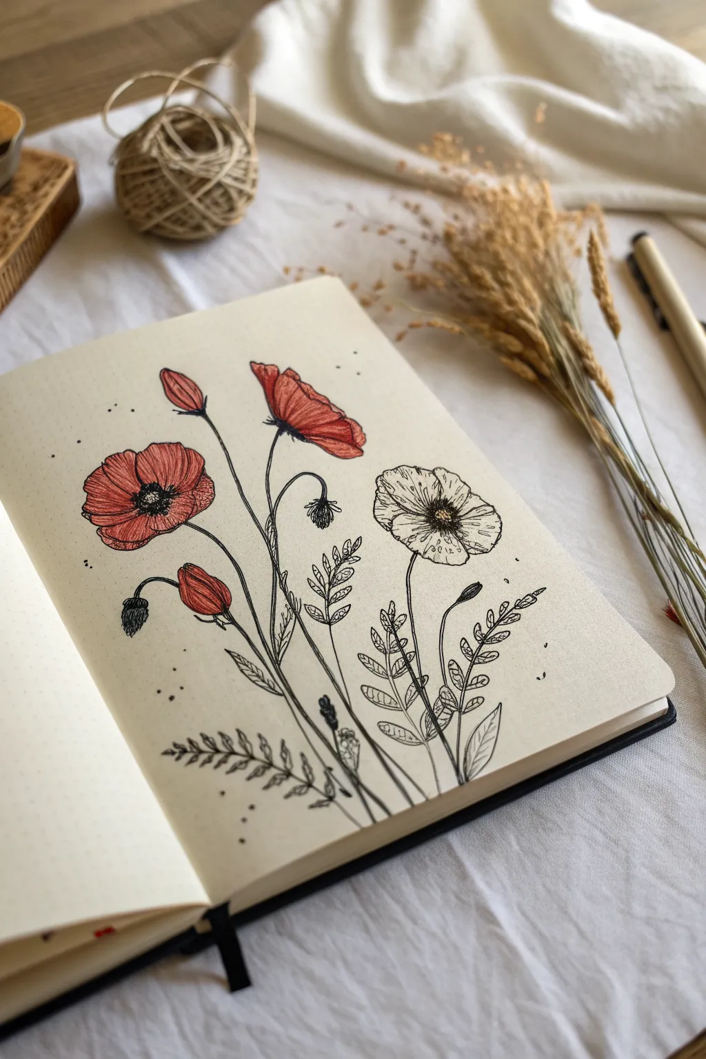 Loose poppy doodles with wavy cup petals and bold dark centers, airy lines and minimal charm