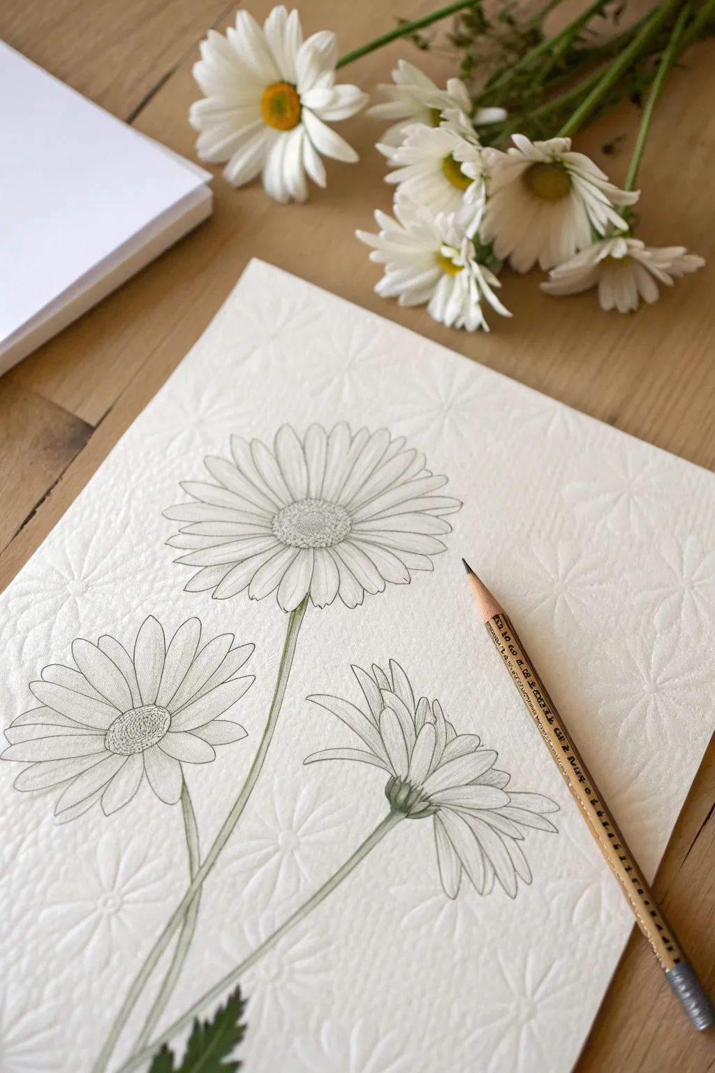 Master the art of drawing daisies with these simple top and side view sketches.