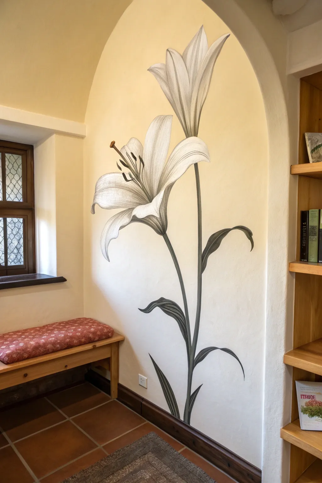Minimal single-stem flower mural that turns a quiet reading nook into a calm, gallery-like corner.