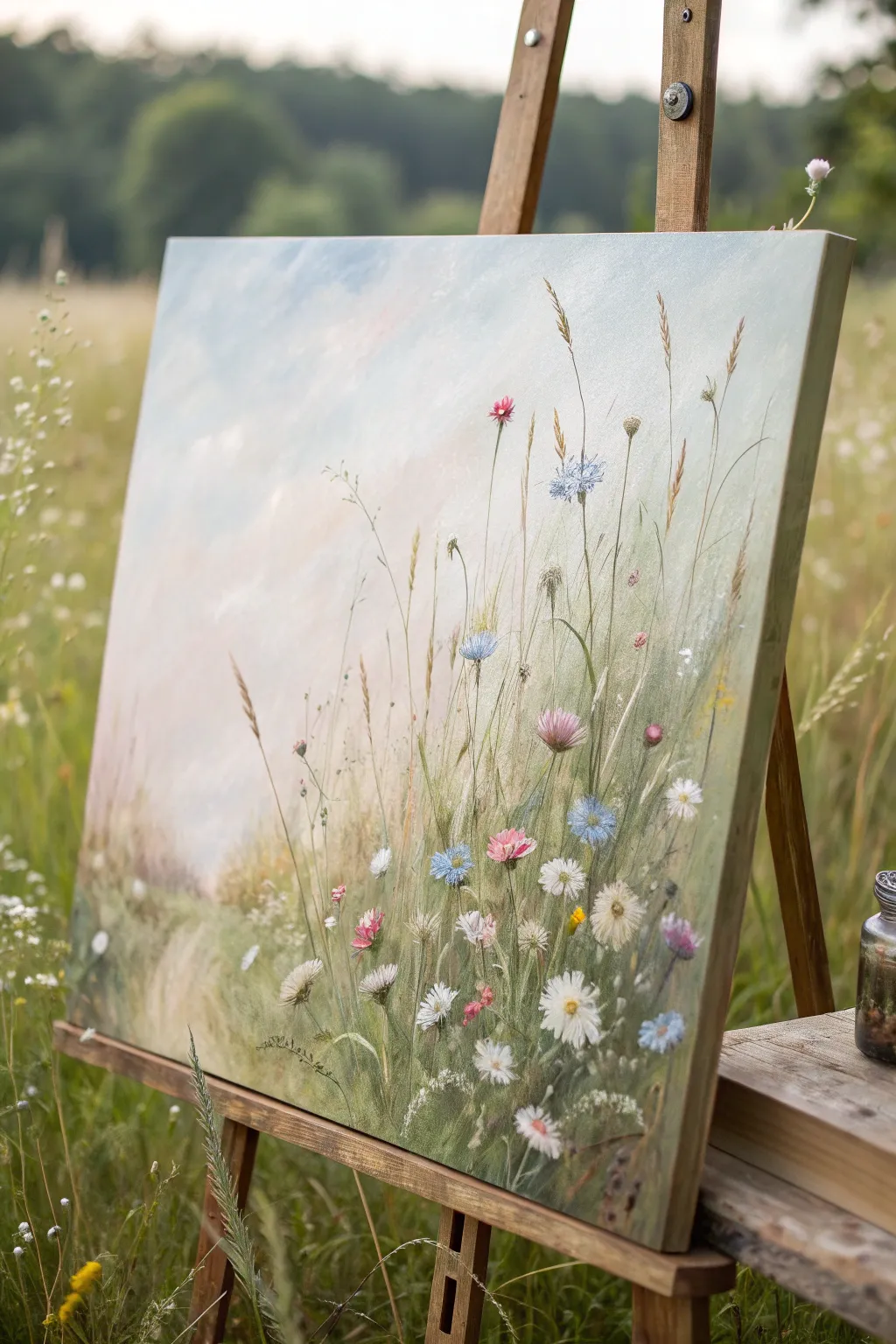 Loose, dreamy wildflower meadow study with soft stems and colorful dots for easy oil practice