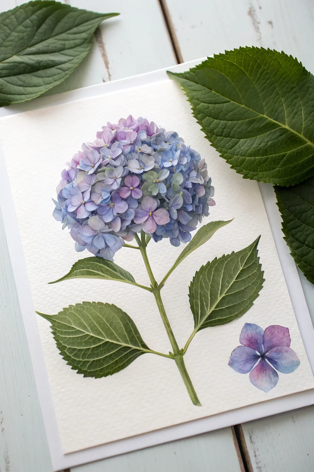 Minimalist hydrangea mophead painting in layered blue-purple petals with simple leaves.